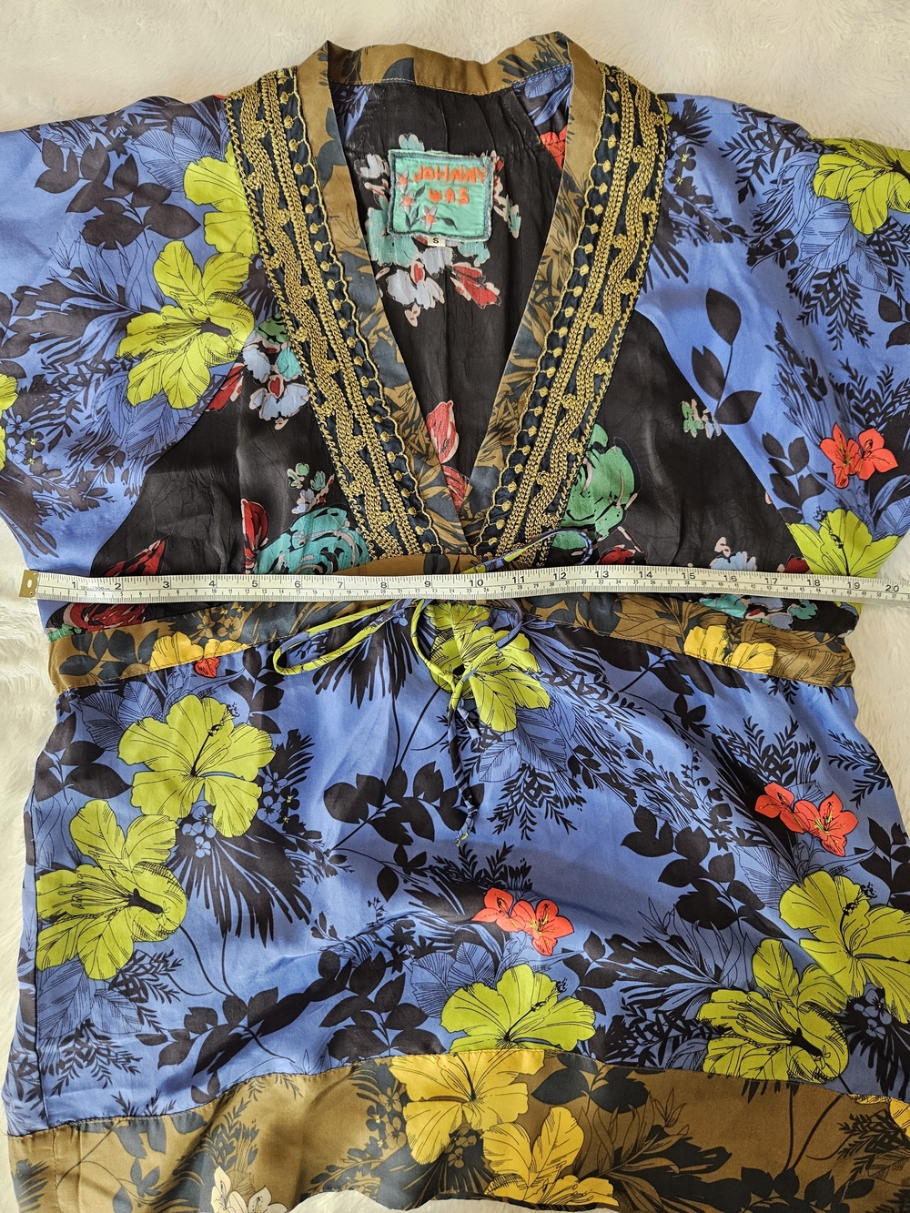 Johnny Was Blue Floral Silk V-Neck Blouse with Green and Gold Accents
